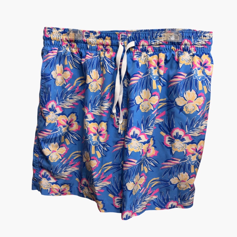 Chubbies Mens Large Swim Trunks Blue Pink Floral Hibiscus Hawaiian Shorts